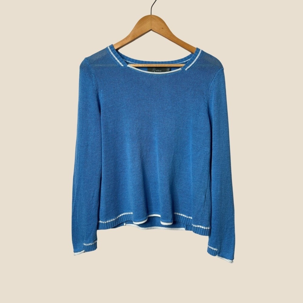 Y2K Linen Cotton Blue Sweater S Contrast Trim Relaxed Fit Architectural‎